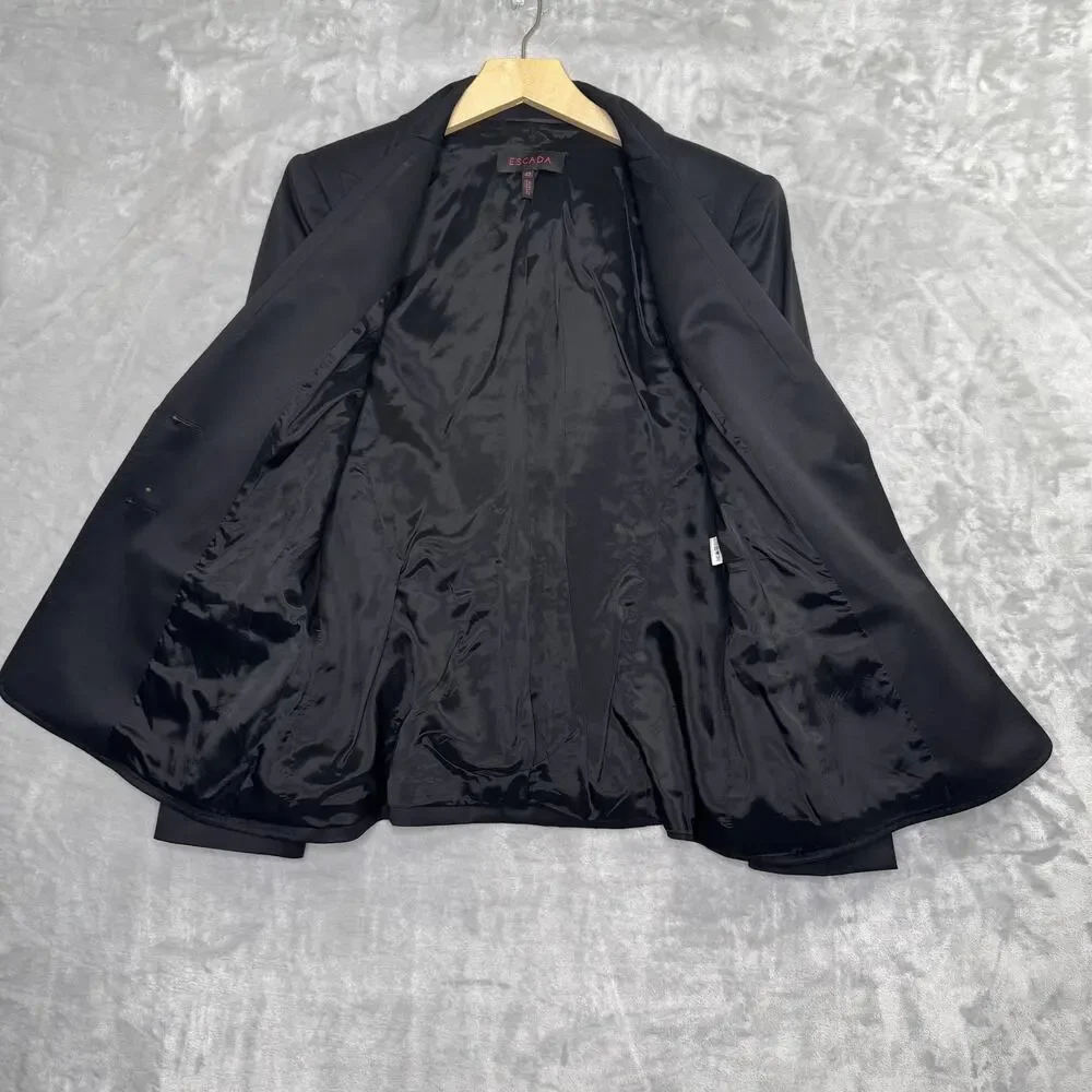 Escada Blazer Womens 42 Black Wool Stretch Classic Two Button Jacket Gold Accent - Picture 3 of 16
